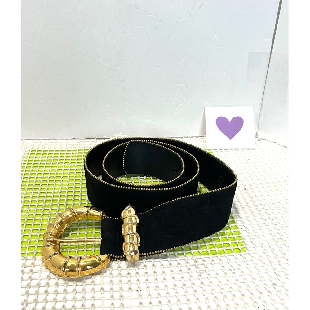 Vintage Leather Suede Belt Black Gold-Tone Bamboo-Style Buckle Made in Spain